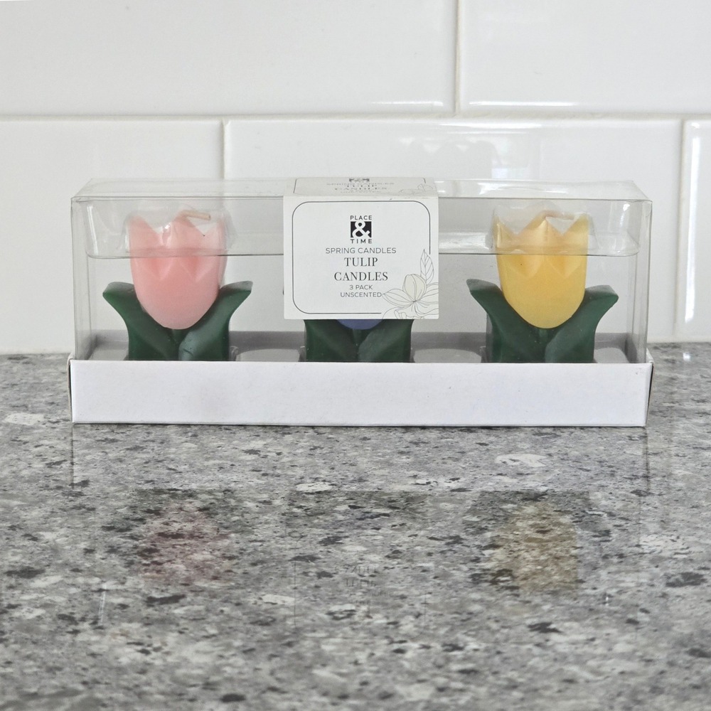 Place & Time Tulip Candles 3 Pack Unscented Spring Floral Pink Yellow Blue